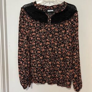 Maurice’s Large Floral LaceLong Sleeve Black Pink Flowers Women Top Blouse